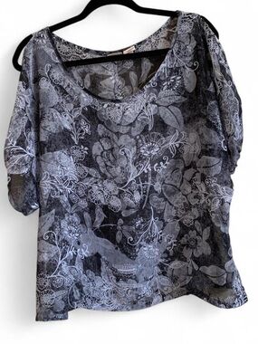 Y2K Sheer Black Floral Print Blouse size Large